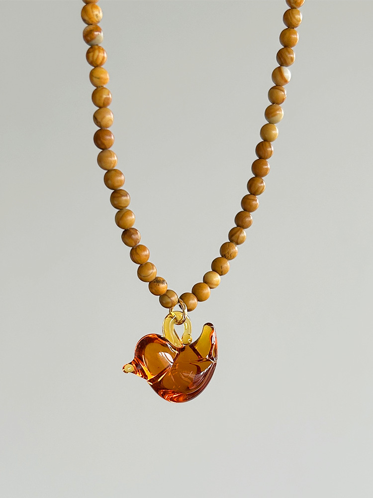Vintage Vibes Fashion - Wooden Bead Glass Bird Necklace Retro